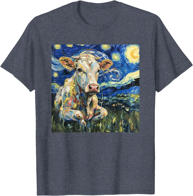 Cow Lover Co. Cow Van Gogh Style Starry Night T-Shirt - Heather Blue