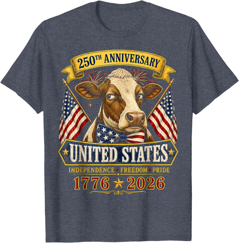 Patriotic 250 Years of Freedom 1776-2026 250 Years America Cow Patriotic USA 4th of July T-Shirt - Heather Blue