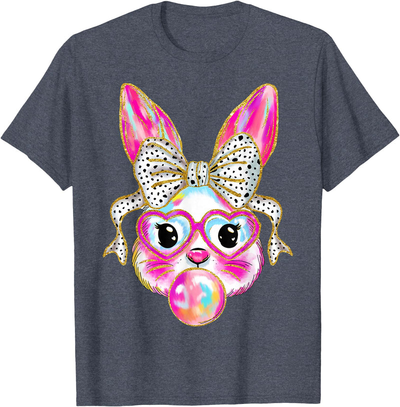 Cute Easter Bunny Bubble Gum Coquette Bow for Girls Women T-Shirt in Heather Blue