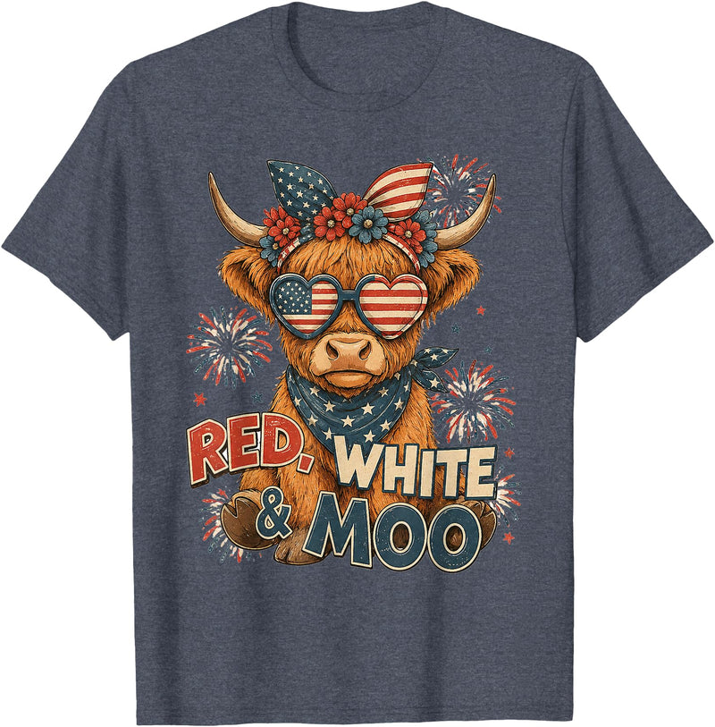 Red White and Moo Highland Cow 4th July 250 Years Patriotic T-Shirt - Heather Blue