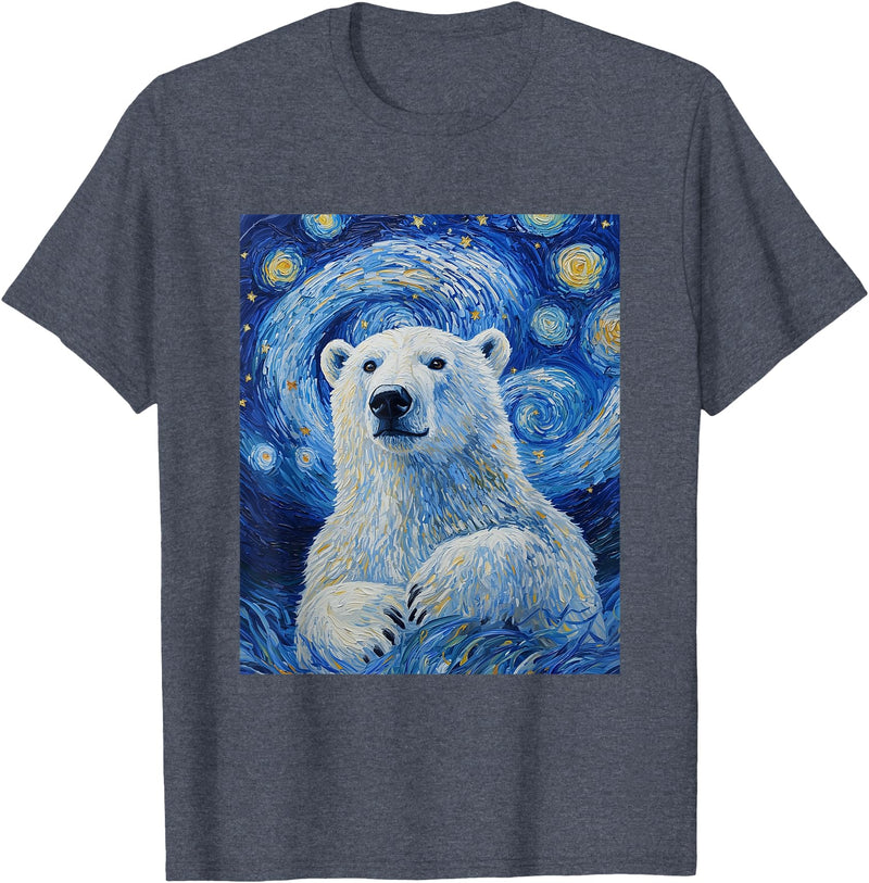 Bear Designs. Cute Polar Bear Van Gogh Style Starry Night Graphic T-Shirt - Heather Blue