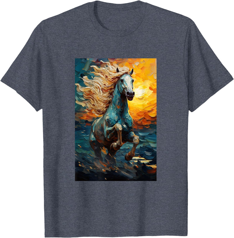 Horse Designs. Horse Equestrian Riding Van Gogh Style Starry Night Graphic T-Shirt - Heather Blue
