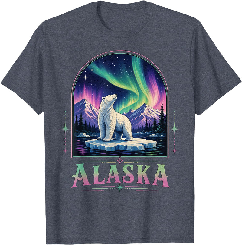 Polar Bear Art Lovers Polar Bear Under Aurora Borealis T-Shirt - Heather Blue