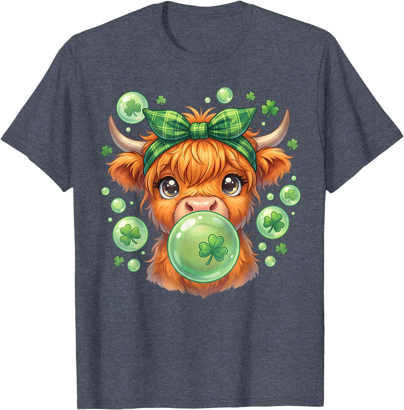 St. Patricks Day Highland Cow Blowing Bubblegum Celebrate St Patricks Day T-Shirt - Heather Blue