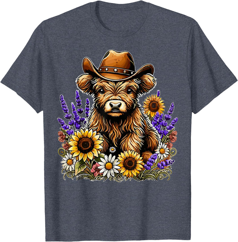Funny Scottish Highland Cow Highland Cow Cowboy Hat Sunflower Wildflower Country Western T-Shirt - Heather Blue