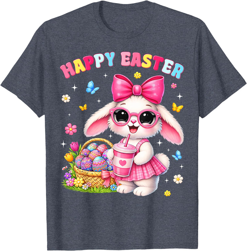 Happy Easter Coquette Easter Egg Rabbit Bunny Women Girl Kid T-Shirt in Heather Blue