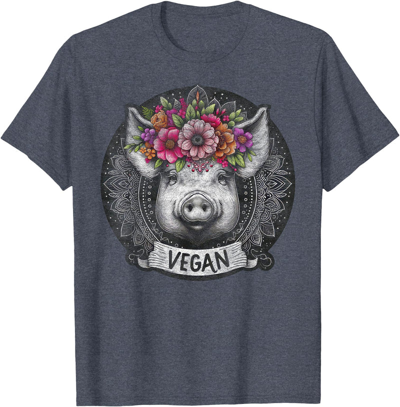 Pig with Flowers Vegan Retro Products Pig with Flowers Vegan Retro – Boho Hippie Cute T-Shirt - Heather Blue