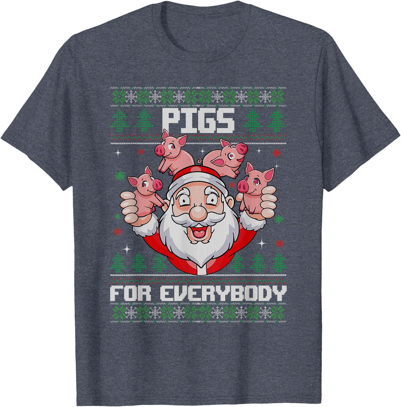 Christmas Santa with Pigs for Everybody Pigs for Everybody Men Women Santa Pig Ugly Christmas T-Shirt - Heather Blue