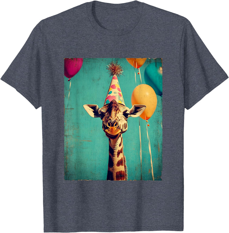 Giraffe Animal Zoo Birthday Party Apparel Unisex-Kids Retro Art Print Giraffe Birthday Party T-Shirt Black Short Sleeve Small - Heather Blue