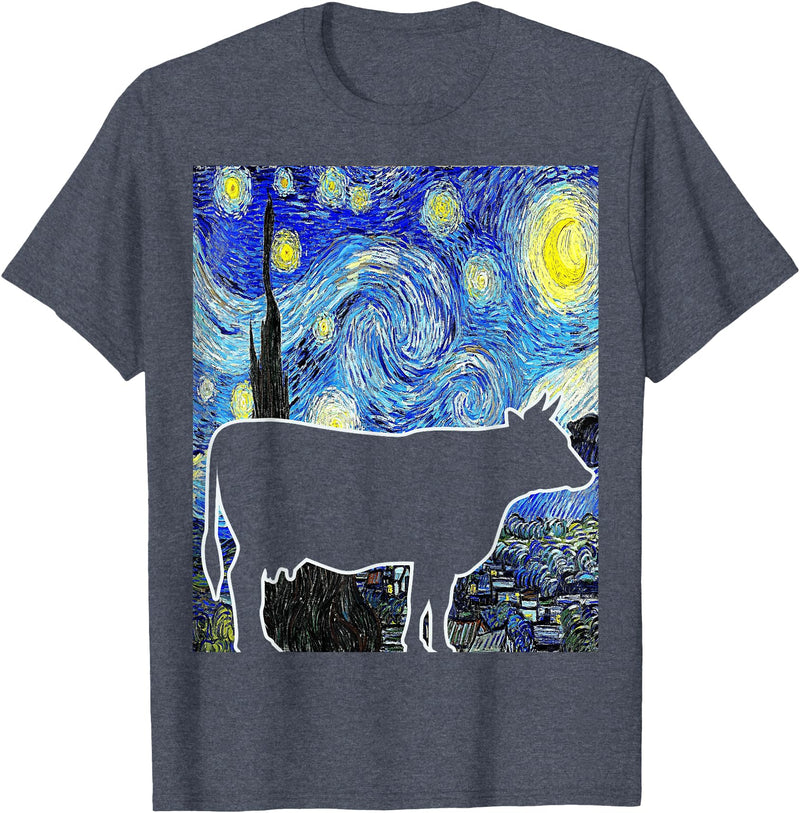 Funny Cow Van Gogh Famous Painting Cow Starry Night Van Gogh Funny Cow Farmer T-Shirt - Heather Blue