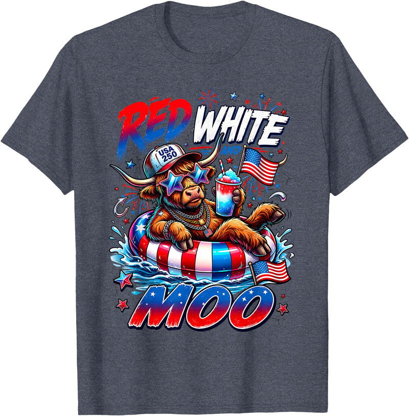 Cute Red White Moo Highland Cow 4th July Summer Red White and Moo Highland Cow 4th July 250 Years Patriotic T-Shirt -