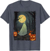 Dibble Dabble Designs Halloween Vintage Ghost in Gothic Forest Full Moon Halloween T-Shirt - Heather Blue