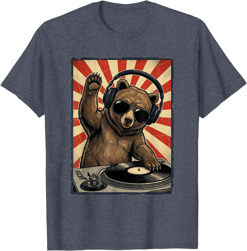 Bear DJ Stuff & Accessories Cool Retro Bear DJ Funny Bears Music Men Women Kids T-Shirt - Heather Blue
