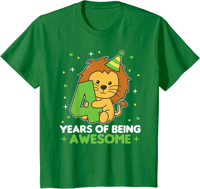 Lion Birthday Gift Cute Animals Lion 4th Birthday For Kids Four Years Old T-Shirt - Kelly Green