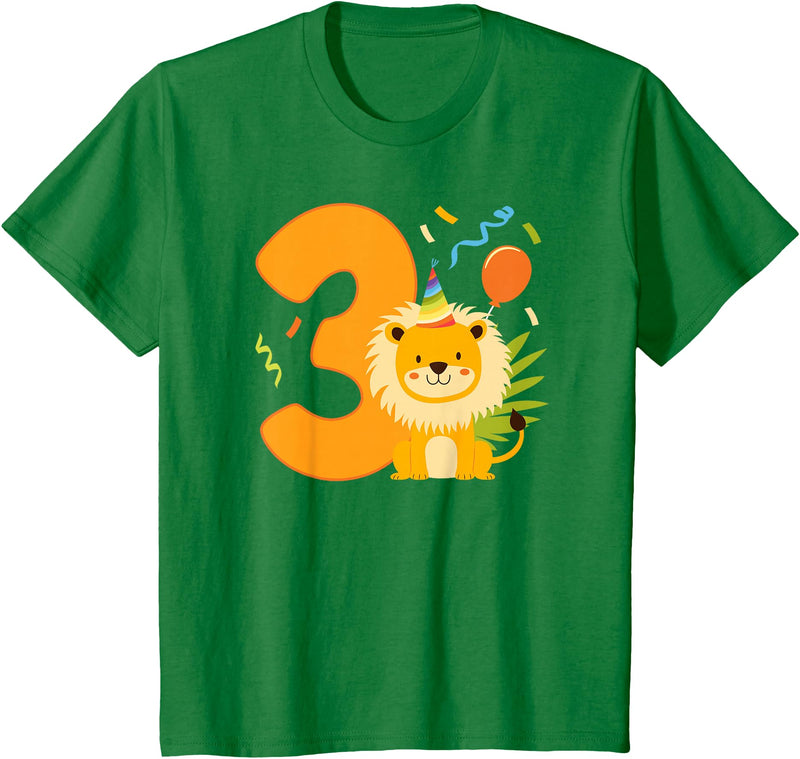 Three Year Old Lion Third Birthday Kids 3rd Lion Birthday Party 3 Year Old Lions Birthday T-Shirt - Kelly Green