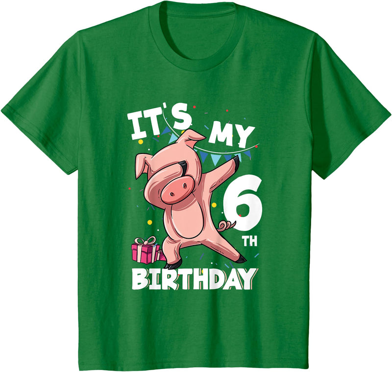 Pig Birthday Outfit for Boys Girls Party Supplies Its My 6th Birthday 6 Year Old Pig Birthday T-Shirt - Kelly Green