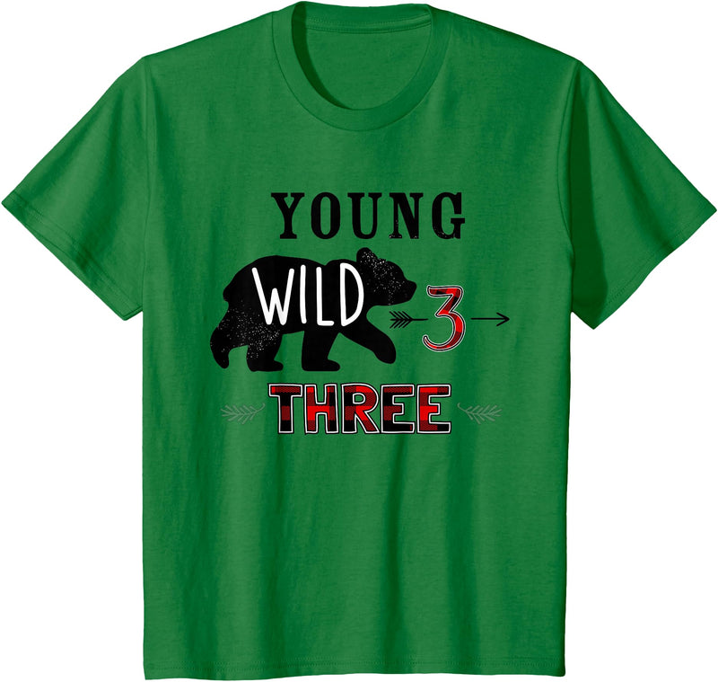 UrbanWear Bear Buffalo plaid Young Wild & Three 3 years 3rd Birthday T-Shirt - Kelly Green