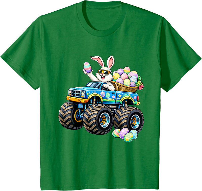 Easter Day Bunny Monster Truck Eggs Rabbit Boys Kids T-Shirt in Kelly Green