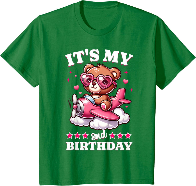 2 Year Old Girl Plane Birthday Party Kids Designs Kids 2nd Birthday Girls Airplane Birthday Party Teddy Bear Plane T-Shirt - Kelly Green