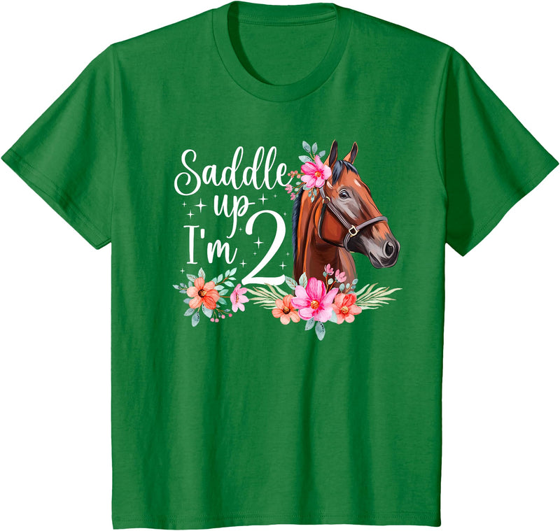 2 Year Old Horse Second Birthday Party 2nd Horse Birthday Two Year Old Girl Horses Birthday T-Shirt - Kelly Green