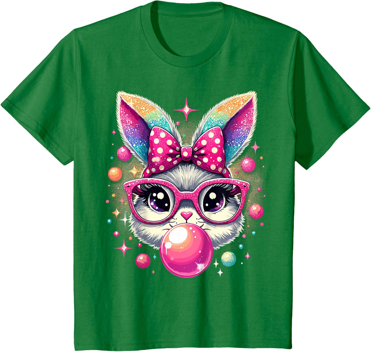 Happy Easter Bunny Tie Dye Coquette Bow Rabbit Face Easter T-Shirt - Kelly Green
