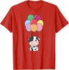 Cute Balloon Animals For Birthday Cow Flies With Colorful Balloons Kawaii Cows T-Shirt - Red