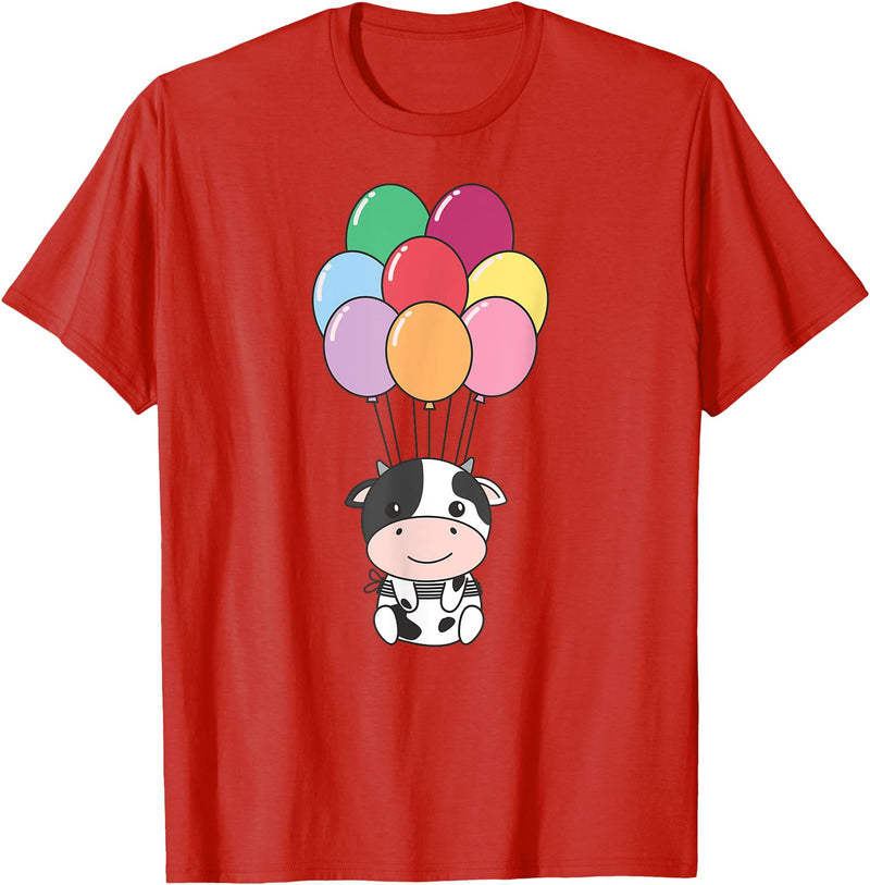 Cute Balloon Animals For Birthday Cow Flies With Colorful Balloons Kawaii Cows T-Shirt - Red