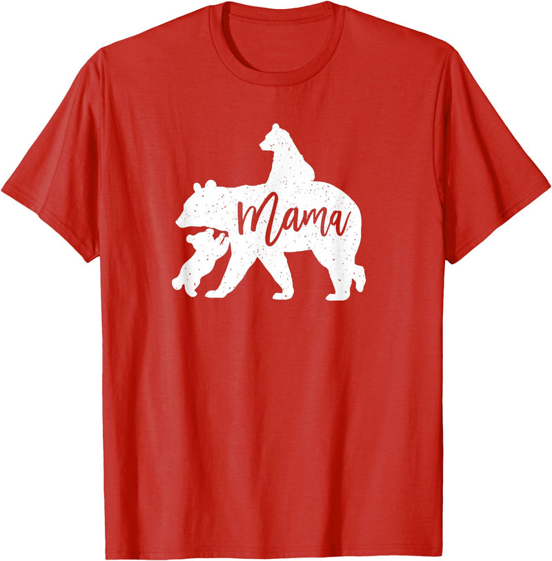 Artsy Mommy Bear Silhouette Nature Family Gifts Mama Bear 2 Baby Bear Cubs Playing Riding on Back T-Shirt - Red