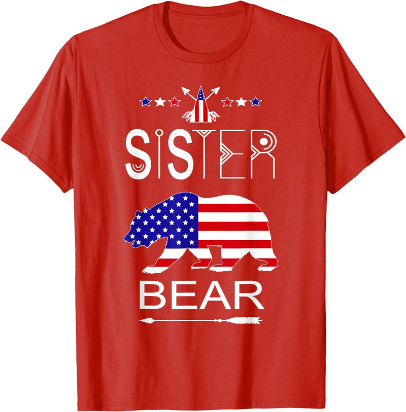 Patriotic Sister Bear Family Fun Sapphire Star Cool Patriotic Sister Bear Matching Family Flag 4th Of July T-Shirt - Red