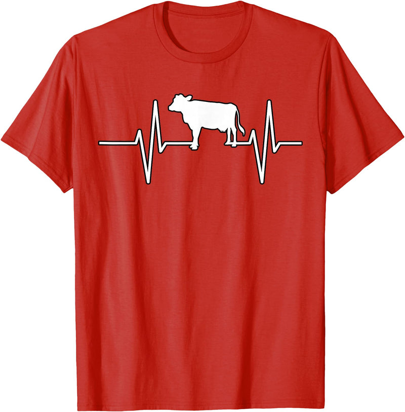 Animal Funny Farmer Farmers Gift Cow Cattle Beef Heartbeat Funny T-Shirt - Red