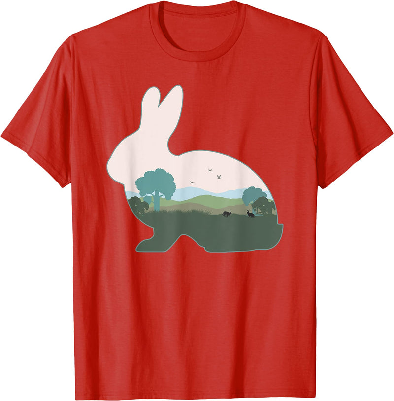 Rabbit Print with Landscape Rabbit Lover - Hare Bunny T-Shirt in Red