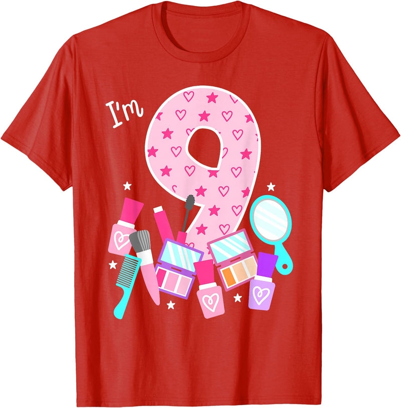 Birthday Girl Spa Squad Outfit Gifts Shop Spa Birthday Party I'm 9 Girls Makeup 9th Bday Kids Toddlers T-Shirt - Red