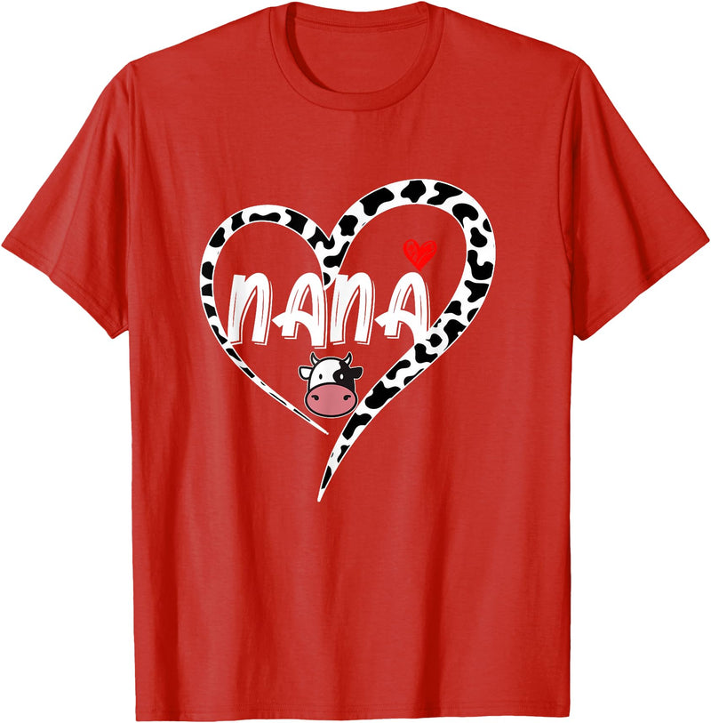Black White Family Cow Farm Nana Cow Print Cow Heart Pattern Farmer Cows Mother's Day T-Shirt - Red