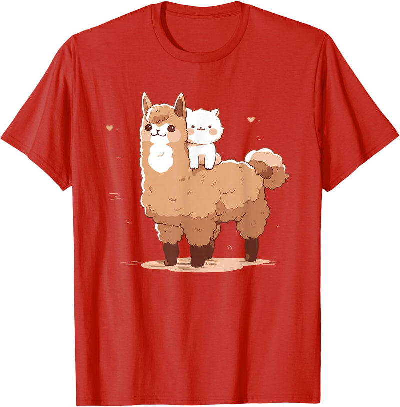 Kawaii Valentine Llama And Cat Design Cute Llama And Cat T-Shirt - Red