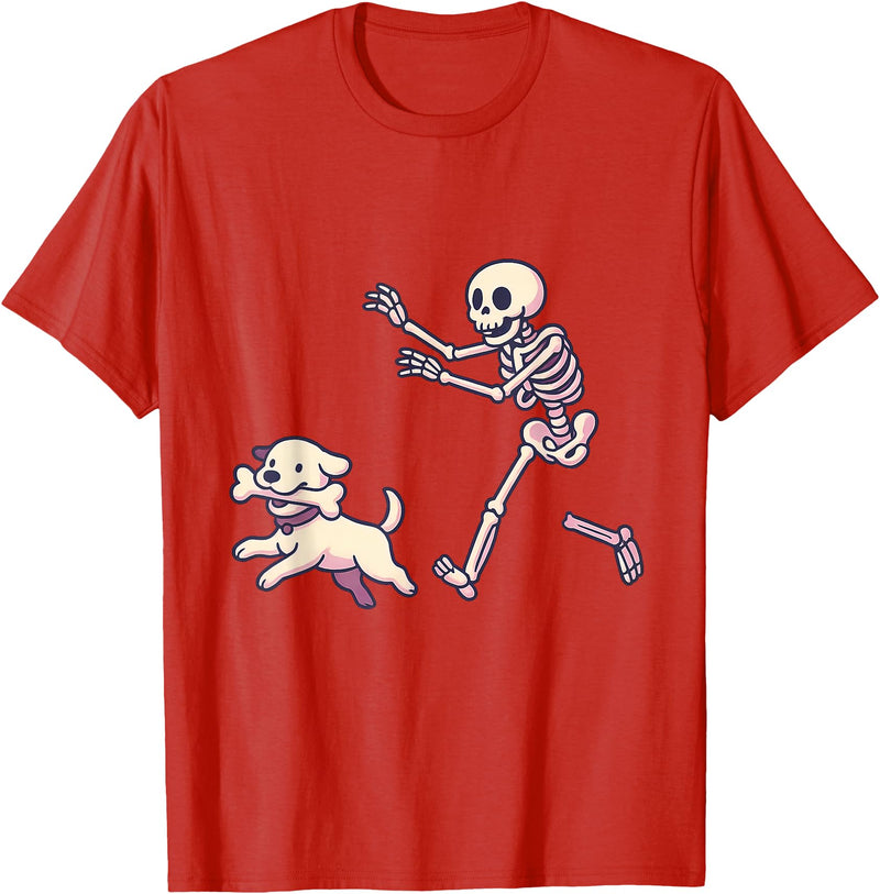 Funny Skeleton Dog Bone Halloween Kawaii Dog Steals Bone from Skeleton Running Halloween T-Shirt - Red