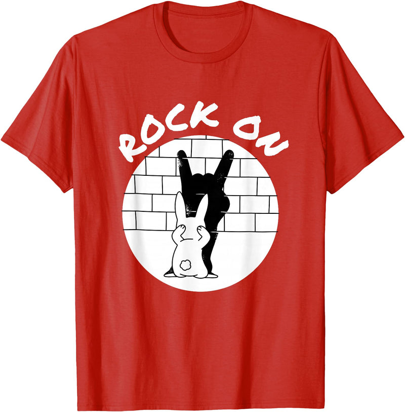 Funny Rock on Bunny Rabbit Shadow Puppet Rock N Roll Hand T-Shirt in Red