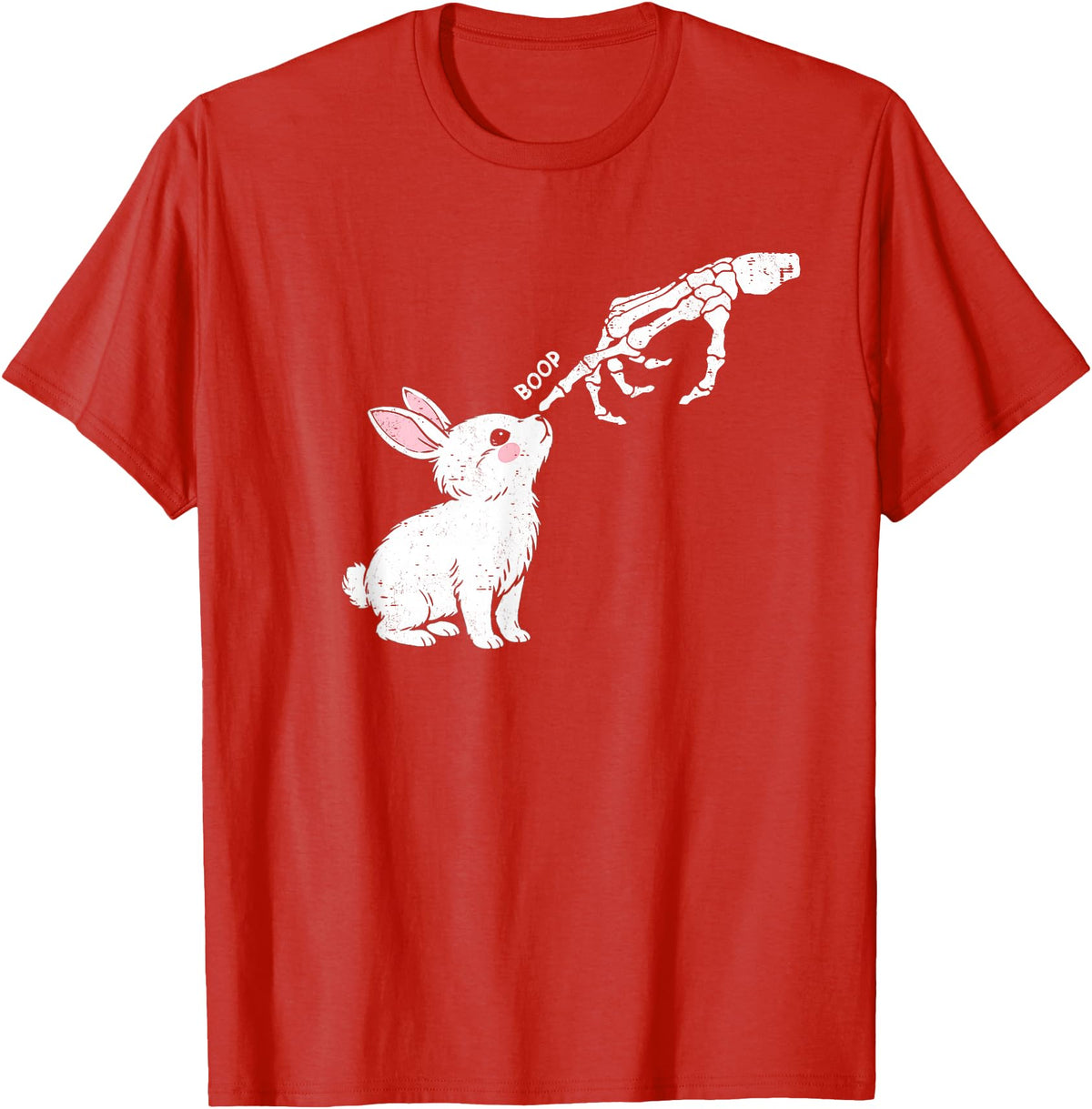Cute Skeleton Hand Boop Bunny Rabbit Funny Easter Day T-Shirt in Red
