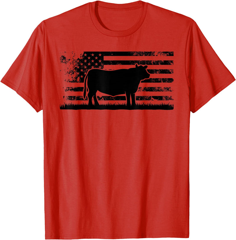 Funny Red Angus Rancher Gift for Cattle Lover USA American Flag - America Cow Red Angus Rancher T-Shirt - Red