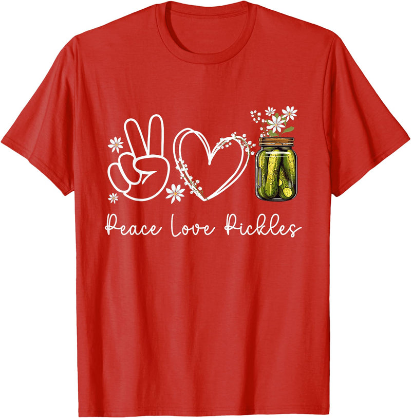 Cute Peace Love Pickles Wildflower Inspyrmyn Peace Love Pickle Wildflower Canning Season Pickle Jar Lover T-Shirt - Red
