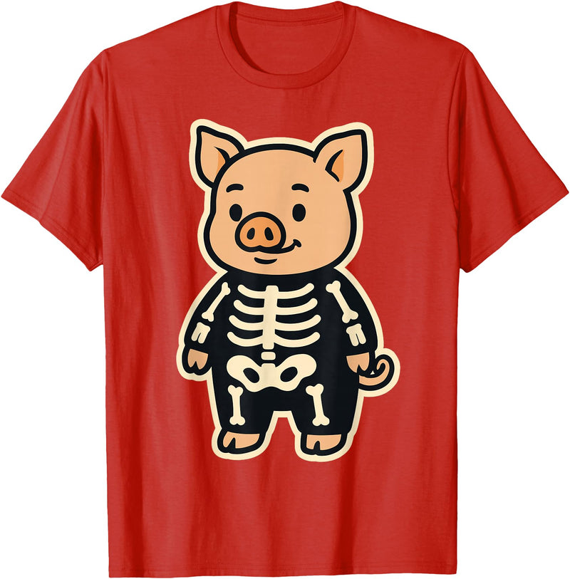 Spooky Cute Cartoon Animals in Halloween Outfits Funny Pig Skeleton Costume for Kids Boys Girls Halloween T-Shirt - Red