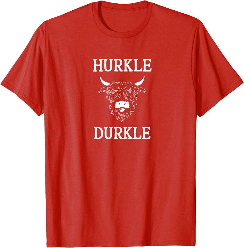 The Kilted Crow Hurkle Durkle Funny Scotland Highlands Cow Graphic T-Shirt - Red