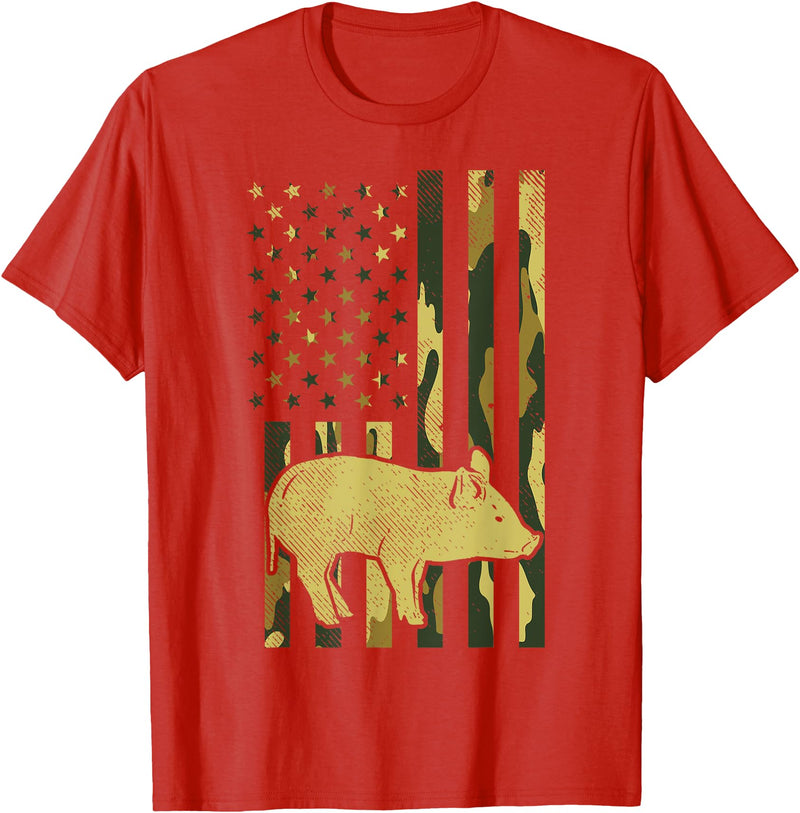 BoredKoalas Farming Farm Shirts Farmer Gifts Camo US Flag Pig Military Farm Animal Patriotic Farmer Gift T-Shirt - Red