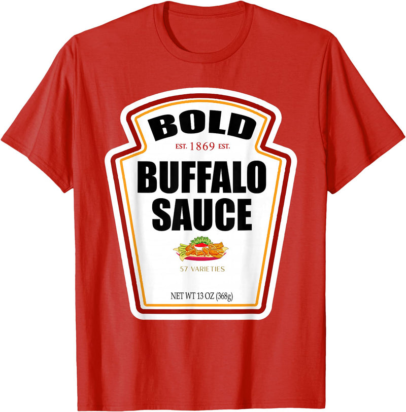 Funny Bottle Label Halloween 2024 Condiment Outfit Bold Buffalo Sauce Bottle Label Funny Halloween Costume T-Shirt - Red