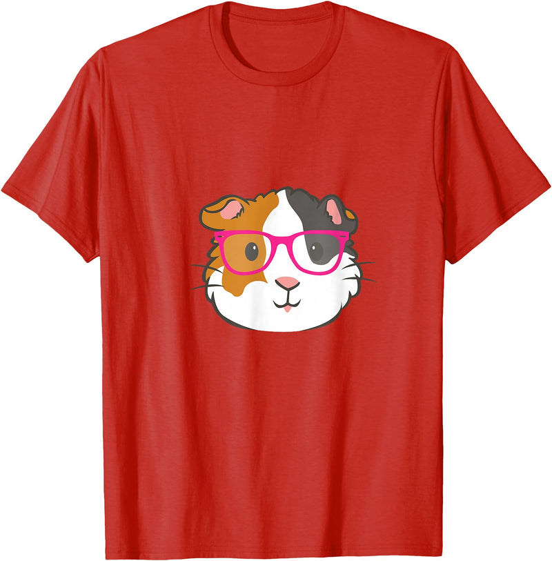 Hipster Animal Merch Co Cute Hipster Guinea Pig Hamster In Pink Eye Glasses Gift T-Shirt - Red
