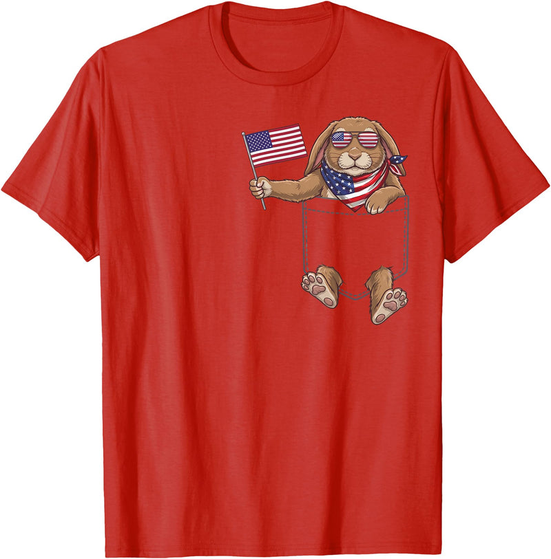 Rabbit Pocket Patriotic American Flag 4th of July USA T-Shirt in Red