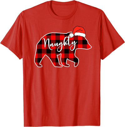 Naughty or Nice Christmas Couple Naughty Bear Red Plaid T-Shirt