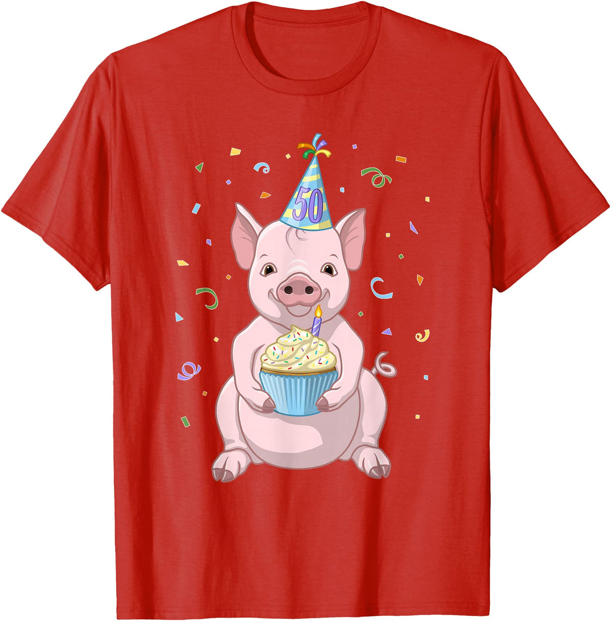 Funny Party Animals Cute Pink Pig Party Hat 50th Birthday Cupcake Gift T-Shirt - Red