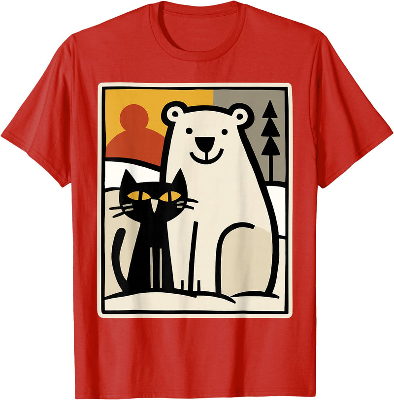 Utschki Bratschki Black Cat and Polar Bear Winter Animal Cute Snow Art T-Shirt - Red