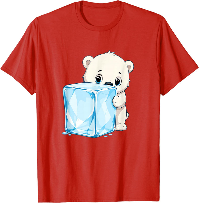 Cute Polar Bear Ice Cube Arctic Kawaii Adorable Baby Polar Bear Hugging Big Ice Cube T-Shirt - Red