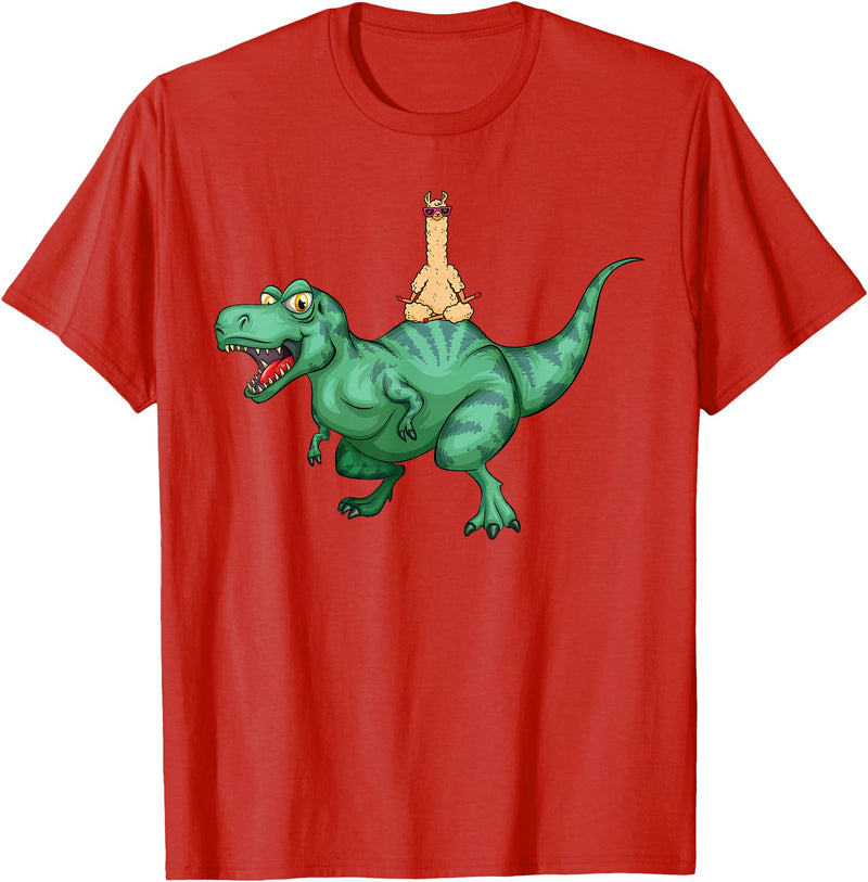 cute funny Llama Gifts and more Alpaca Llama riding Dinosaur T-Rex T-Shirt - Red